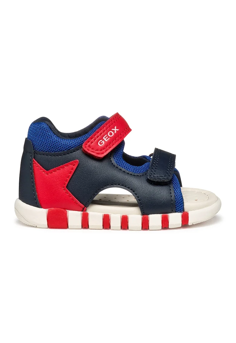 Sandale cu velcro si garnituri din piele ecologica, Rosu/Bleumarin