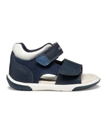 Sandale cu velcro de piele ecologica, Alb/Bleumarin
