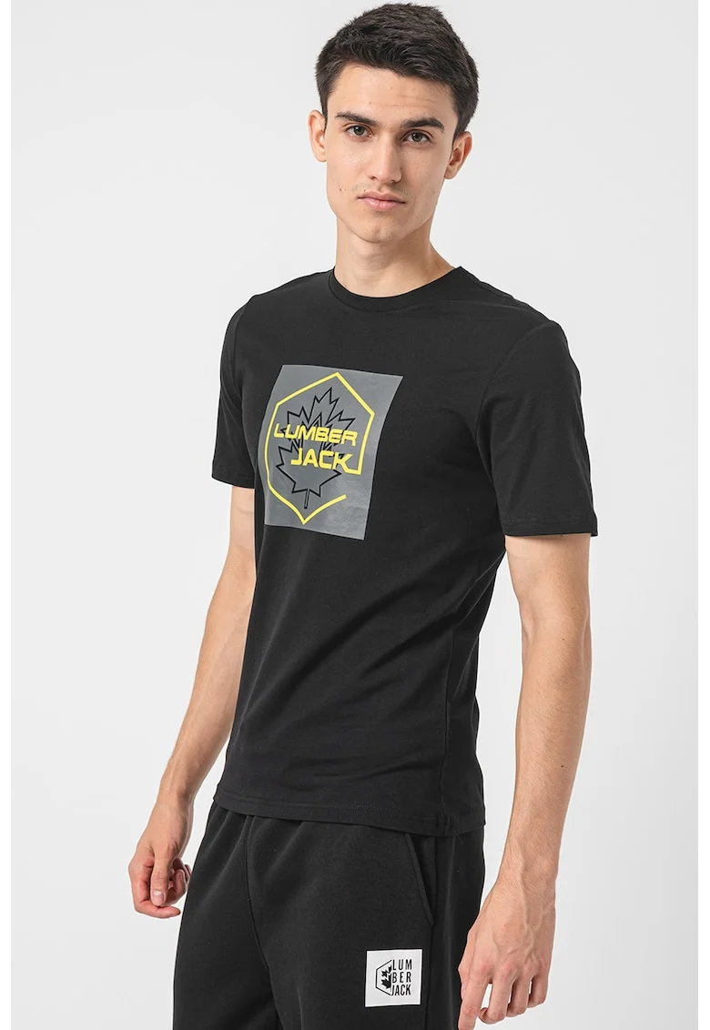 Tricou cu decolteu la baza gatului si imprimeu logo, Negru/Galben deschis/Gri inchis