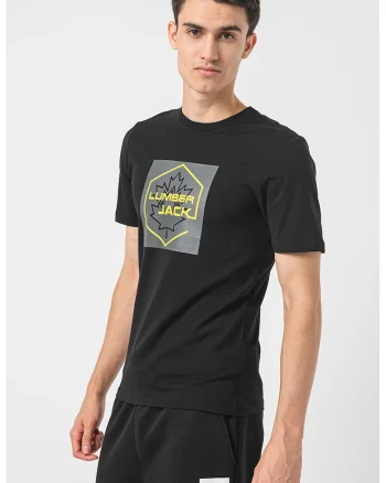 Tricou cu decolteu la baza gatului si imprimeu logo, Negru/Galben deschis/Gri inchis