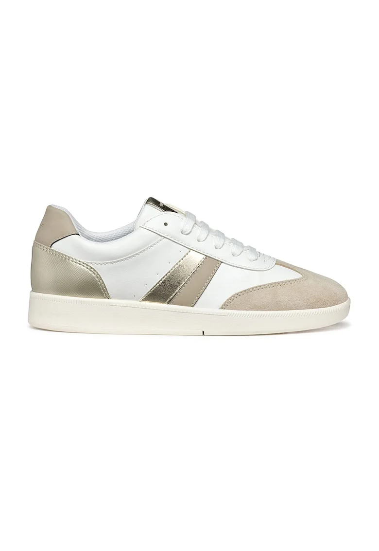 Pantofi sport din piele ecologica cu garnituri din piele intoarsa, Alb/Auriu