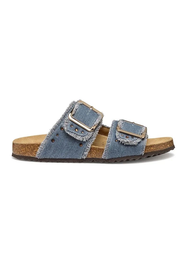 Papuci din denim cu aplicatii cu strasuri, Albastru inchis
