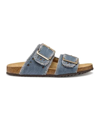 Papuci din denim cu aplicatii cu strasuri, Albastru inchis