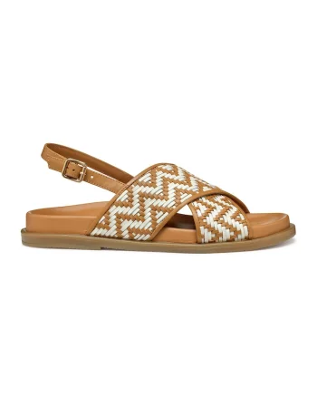 Sandale slingback din piele cu aspect tesut, Alb/Caramel