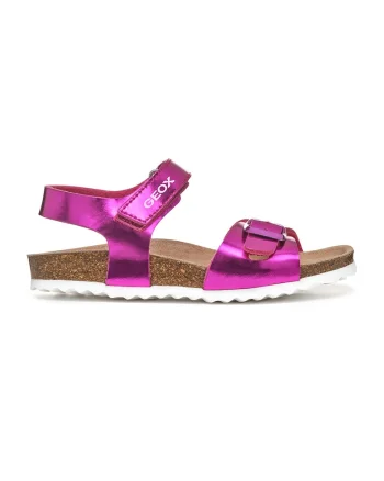 Sandale cu velcro si logo, Fucsia