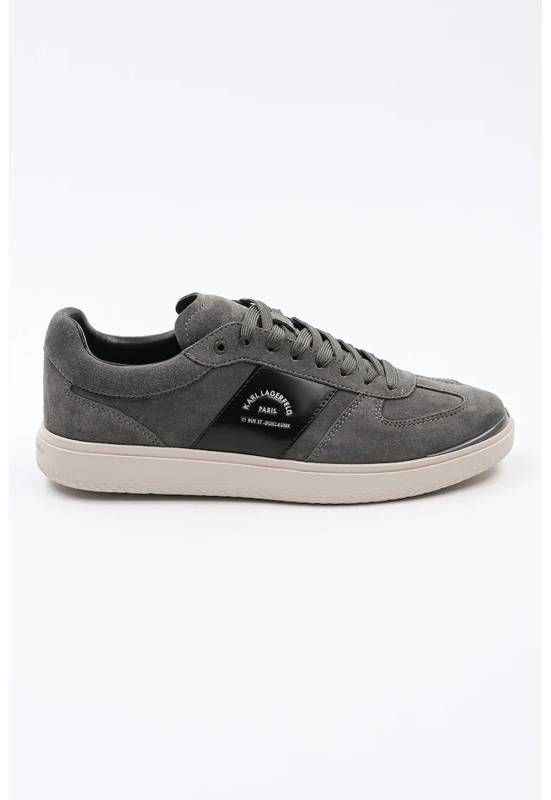 Pantofi sport din piele intoarsa cu detaliu cu logo, Gri inchis