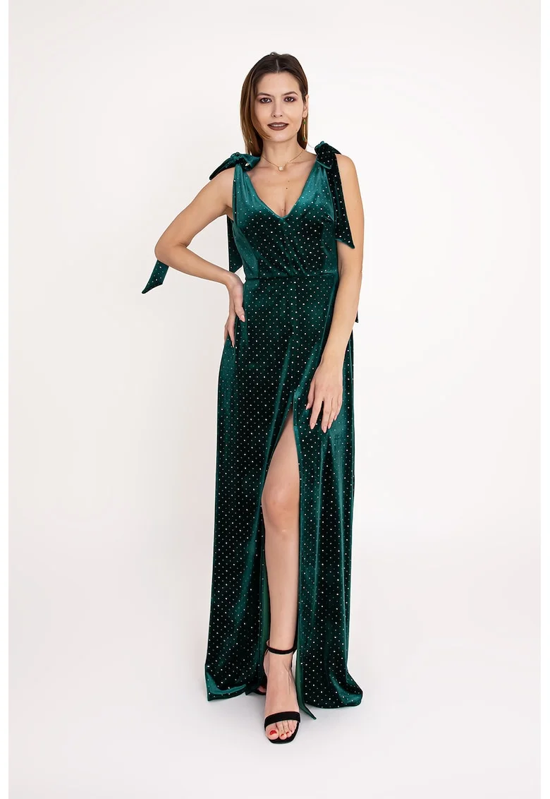 Rochie cu decolteu in V si aplicatii din strasuri Emerald, Verde inchis