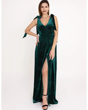 Rochie cu decolteu in V si aplicatii din strasuri Emerald, Verde inchis