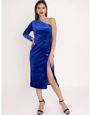 Rochie cu decolteu pe un umar si slit lateral Sapphire, Albastru inchis