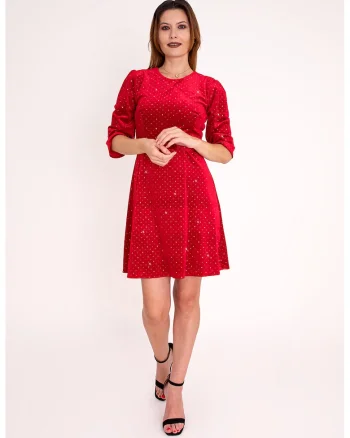 Rochie evazata cu aplicatii din strasuri Mirelle, Rosu