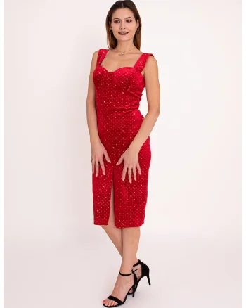 Rochie cu aspect de catifea si slit frontal Jade, Rosu