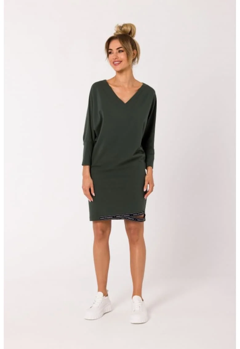 Rochie din bumbac cu bordura si decolteu in V,, Verde