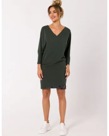 Rochie din bumbac cu bordura si decolteu in V,, Verde