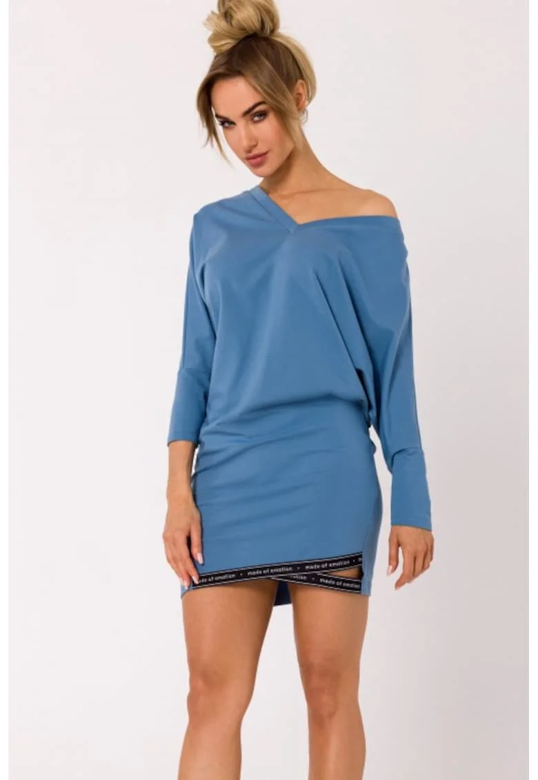 Rochie din bumbac cu bordura si decolteu in V,, Albastru