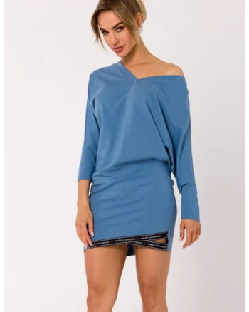 Rochie din bumbac cu bordura si decolteu in V,, Albastru