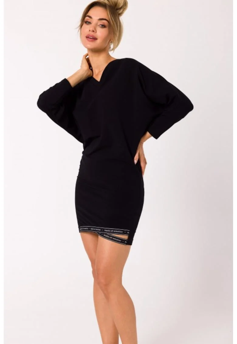 Rochie din bumbac cu bordura si decolteu in V,, Negru