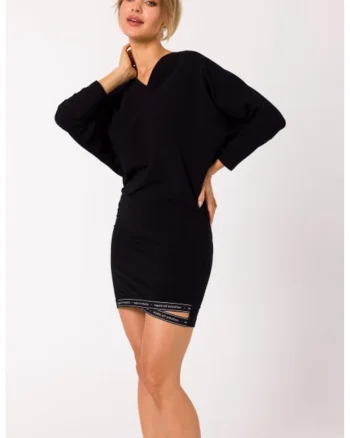 Rochie din bumbac cu bordura si decolteu in V,, Negru