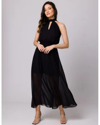 Rochie din sifon cu legaturi in jurul gatului,, Negru