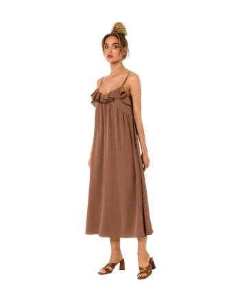Rochie midi evazata cu bretele subtiri si volane,, Maro