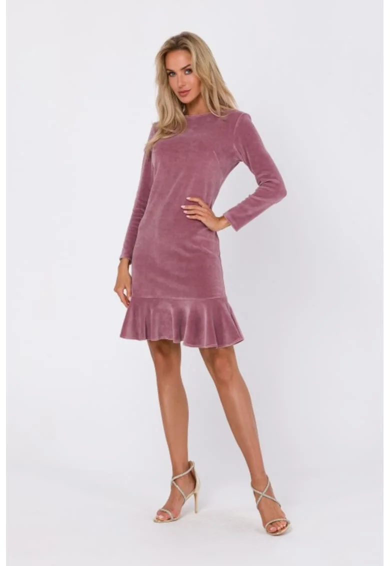 Rochie din velur cu volan,, Roz