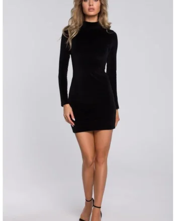 Rochie mini din velur cu guler ridicat,, Negru