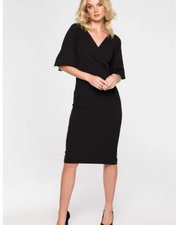 Rochie cu croiala petrecuta si maneci bufante,, Negru