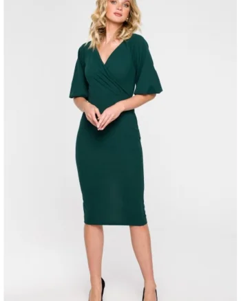 Rochie cu croiala petrecuta si maneci bufante,, Verde