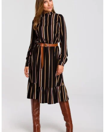 Rochie decupata in dungi cu curea,, Negru