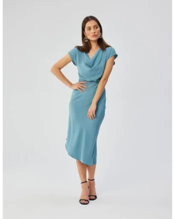 Rochie asimetrica cu decolteu in cascada,, Albastru