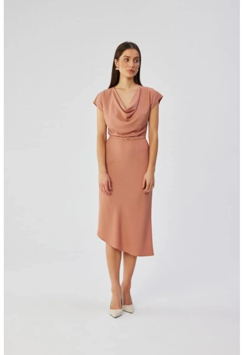 Rochie asimetrica cu decolteu in cascada,, Bej
