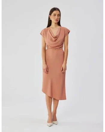 Rochie asimetrica cu decolteu in cascada,, Bej
