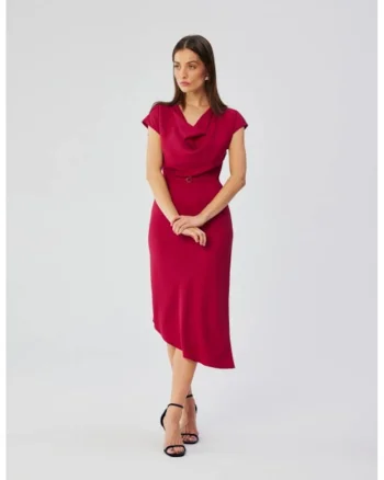 Rochie asimetrica cu decolteu in cascada,, Roz