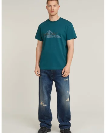 Tricou de bumbac organic cu imprimeu grafic, Albastru