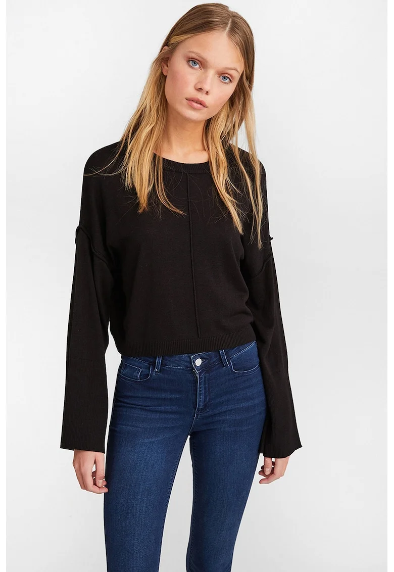 Pulover crop cu decolteu la baza gatului, Negru