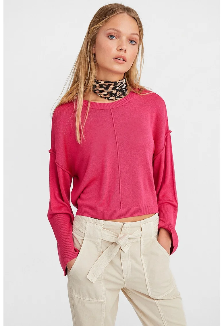 Pulover crop cu decolteu la baza gatului, Fucsia