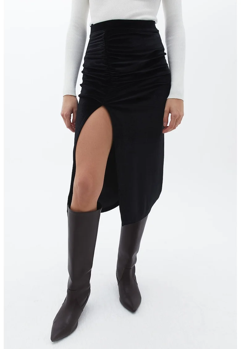 Fusta cu talie inalta si slit frontal, Negru