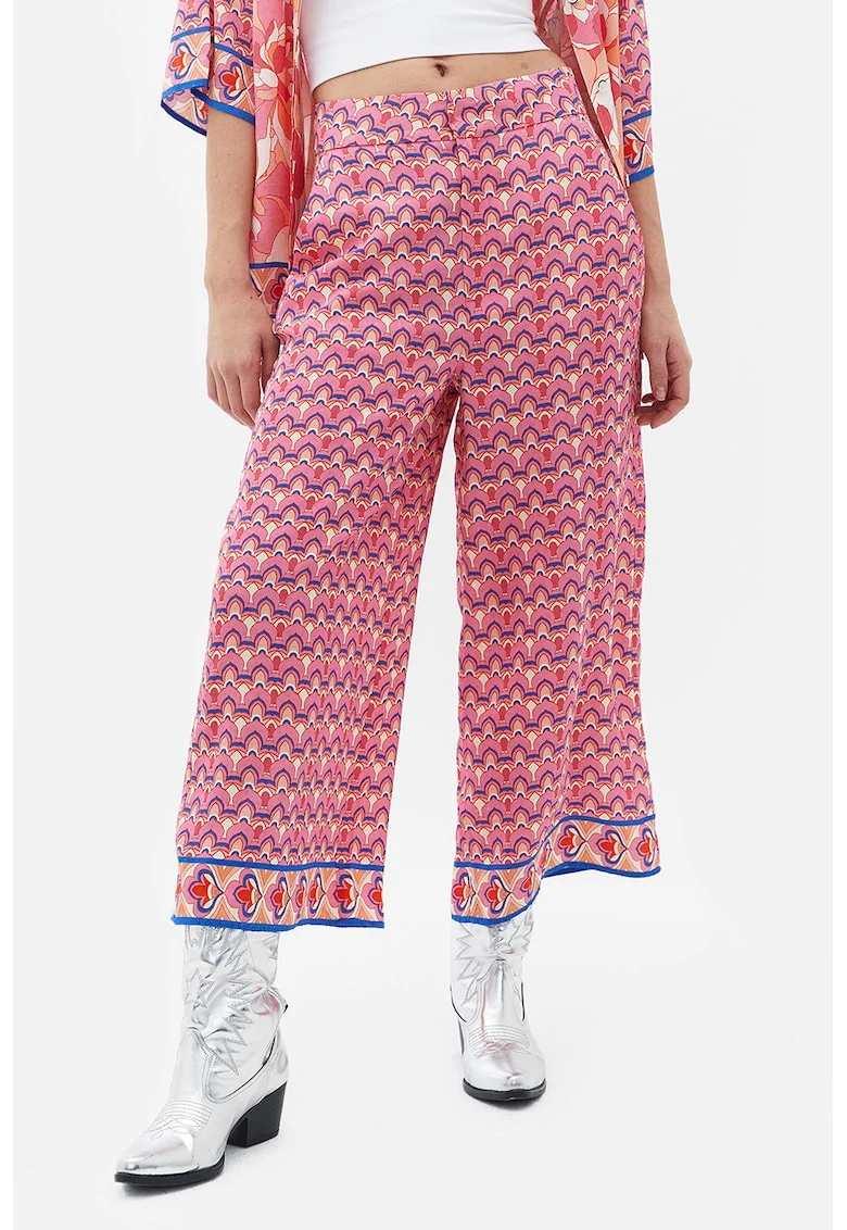 Pantaloni cu croiala ampla si imprimeu abstract, Rosu deschis