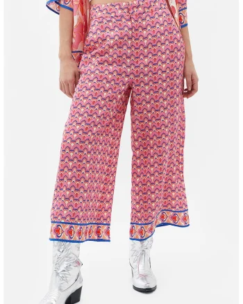 Pantaloni cu croiala ampla si imprimeu abstract, Rosu deschis