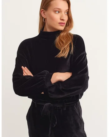 Bluza de trening din amestec de modal cu decolteu la baza gatului, Negru