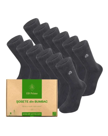 Set 12 perechi, Sosete clasice din bumbac pieptanat, Cutiuta "Rezerva Lunara"  fara cusatura, respirabile si confortabile, Gri