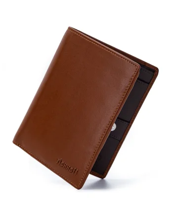 Portofel modern slim vertical barbati,  protectie RFID, piele naturala premium, Maro cognac