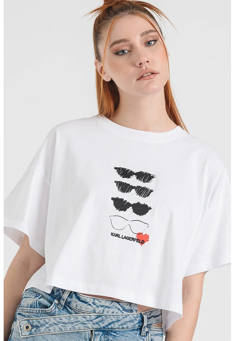 Tricou supradimensionat crop cu imprimeu, Negru stins/Alb optic