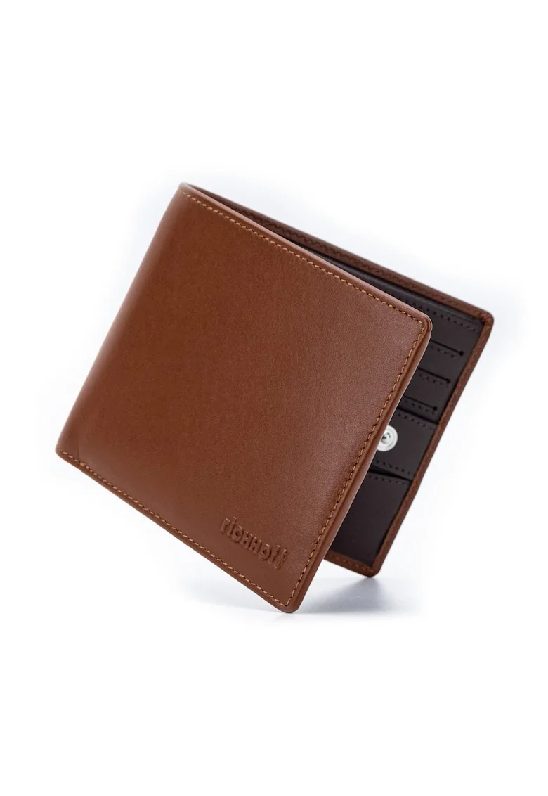 Portofel modern slim clasic barbati,  protectie RFID, piele naturala premium, Maro cognac