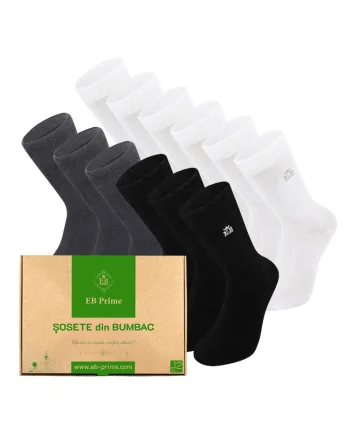 Set 12 perechi, Sosete clasice din bumbac pieptanat, Cutiuta "Rezerva Lunara"  fara cusatura, respirabile si confortabile, Alb/Negru/Gri