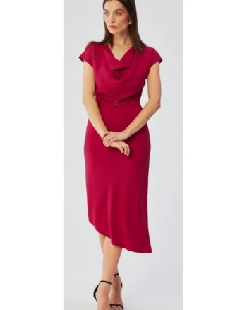 Rochie dama, asimetrica cu decolteu in cascada, Poliester, Rosu, Pruna