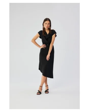 Rochie dama, cu pliuri laterale decorative, Poliester, Rosu, Negru