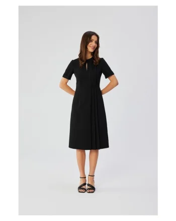 Rochie dama, cu pliuri laterale decorative, Poliester, 36798, Negru