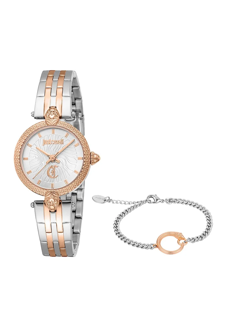 Set de bratara si ceas analog, Argintiu, Auriu, Auriu rose/Argintiu