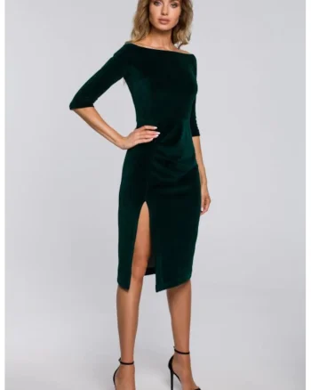 Rochie midi din catifea cu decolteu barcuta si deschidere laterala,, Verde