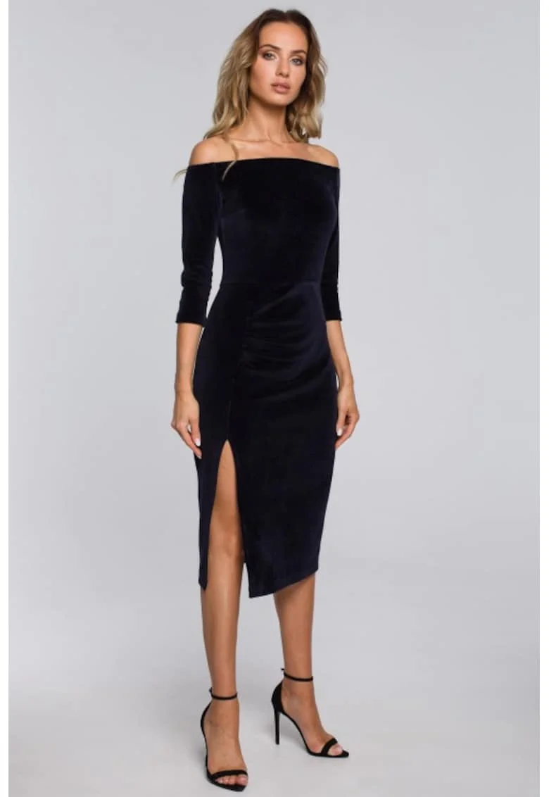 Rochie midi din catifea cu decolteu barcuta si deschidere laterala,, Albastru